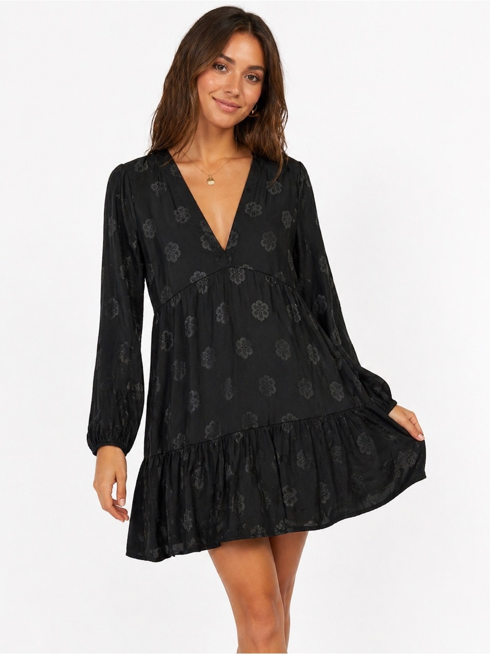 Roberto Torretta Black Floral Mini Dress Long Sleeve V Neck Spain Size 40